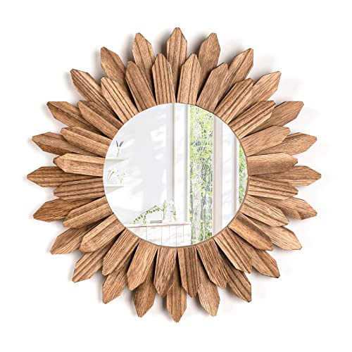 Emfogo Wall Mirror 12 inch Rustic Wood Sunburst Boho Mirror Wall Decor Home Decor for Bedroom Living Room Entryway Farmhouse (Carbonized Black) - color: Carbonized Black, size: 12"L x 12"W
