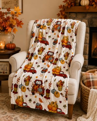 Fall Soft Fleece Throw Blanket, Harvest Pumpkins & Truck, 50" x 60" - color: Farm Truck