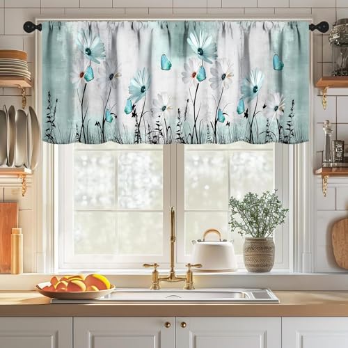 Flower Daisy Window Valance for Kitchen,Rustic Retro Blue Teal Floral Farmhouse Spring Butterfly Plant Farm Window Treatment for Bedroom Living Room 1 Piece,54x18 Inch - color: Daisy-3
