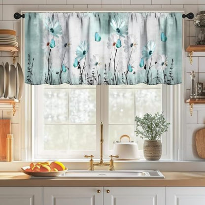 Flower Daisy Window Valance for Kitchen,Rustic Retro Blue Teal Floral Farmhouse Spring Butterfly Plant Farm Window Treatment for Bedroom Living Room 1 Piece,54x18 Inch - color: Daisy-3