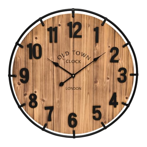 EMAX HOME Large Old Town Farmhouse Wall Clock 20 Inches - Rustic Antique Wood with Metal Circle and Large Numerals Silent Battery Operated Wall Clock for Office Kitchen Bedroom Living Room - color: Brown, size: 20 Inch
