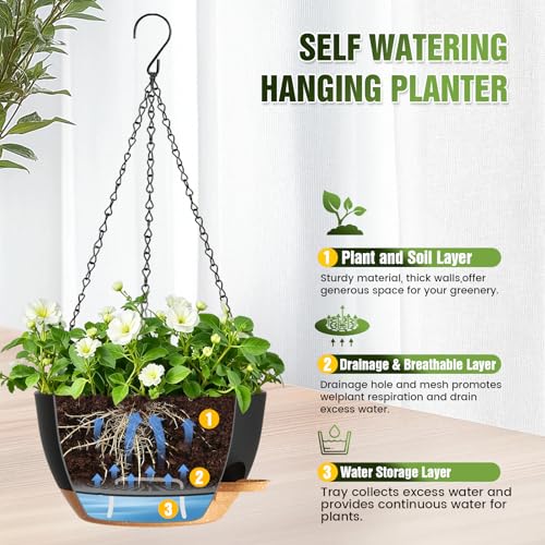 13 Inch Large Self Watering Hanging Planters 2 Pack with Saucers - color: Black Brown, size: 13 Inch 2 Pack