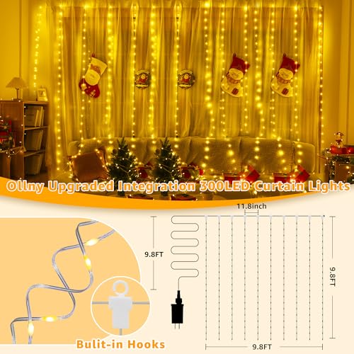 Ollny Curtain Lights 300LED 9.8ftx9.8ft, Connectable IP67 (Warm White) - color: Warm White, size: 9.8 ft