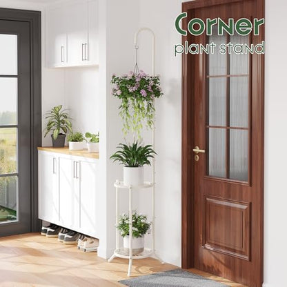 2-Tier Plant Stand With Hanging Hook, Metal Standing Plant Hanger, White - color: White