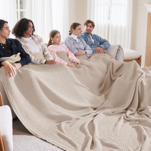 Bedsure 100% Cotton Big Oversized King Blanket, Waffle Weave, Beige - color: 02 Beige, size: Oversized King (120" X 94")