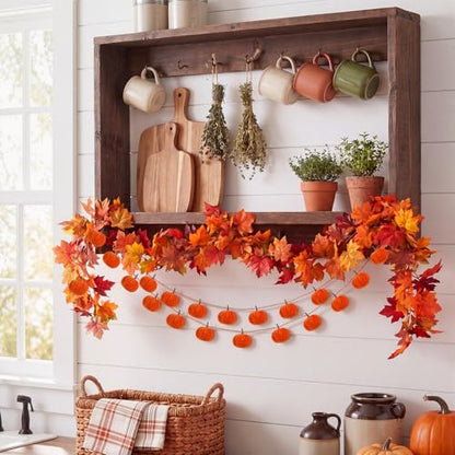 Yinder 2 Pack 6.56 ft Fall Mantle Decor Garland Pumpkins Velvet with 5.8 ft Artificial Maple Leaf Hanging Vine for Fireplace Mantle Wall Autumn Harvest Farmhouse Thanksgiving Home Wedding Decor