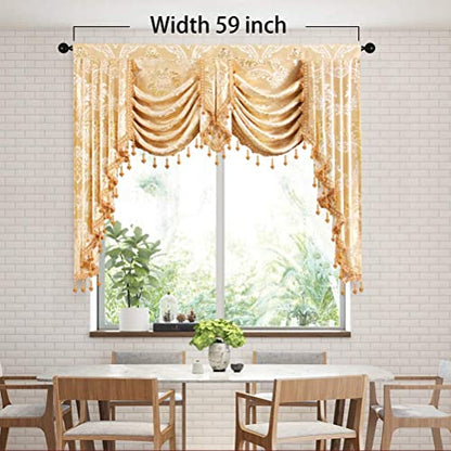 ELKCA Golden Jacquard Swag Waterfall Valance Luxury Curtain Valance for Living Room (Damask-Golden, W59 Inch, 1 Panel) - color: Valance,damask-golden, size: 59"W x 43"L (Pack of 1)