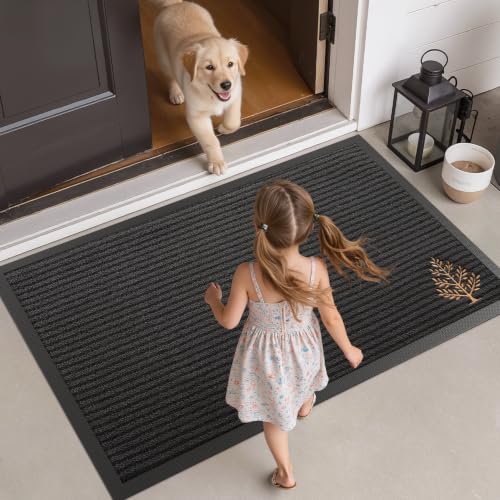 LUMI Outside Welcome Door Mat 32x47, Non-Slip Heavy Duty Dirt Trapper, Grey - color: Grey Gold Tree, size: 32"x47"