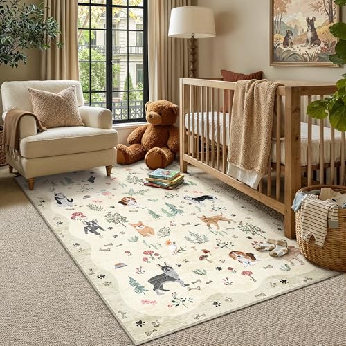 PureCozy Beige Washable Area Rug 4x6 for Kids Room Floral Animal Accent - color: Beige/Dog, size: 4' x 6' (Rectangular)