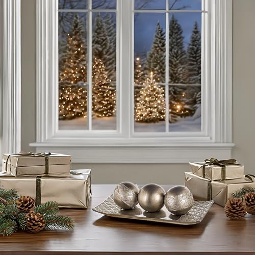 Creative Scents Dublin Silver Decorative Tray and Orbs Balls Set - Centerpiece Bowl with Balls for Dining room Table, Rustic Coffee Table Decor for Living Room Decor, Gift Boxed - color: Silver