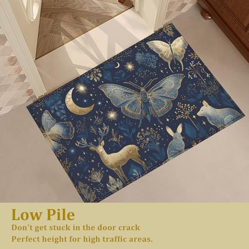 Blue Butterfly Moon Deer Bath Mat Rug, Door Mat Doormat Entrance Non-Slip Bathroom Rugs for Entryway Bathroom Kitchen 17 x 30 Inch - color: Blue Butterfly Moon Deer