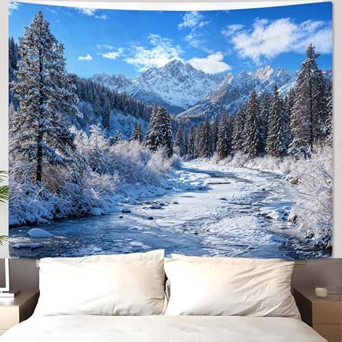 AMM Winter Forest Snow Mountain Tapestry Snowy Pine Tree Woodland Tapestry for Bedroom Aesthetic White Clouds Flowing River Landscape Tapestries Wall Hanging for Living Room Dorm Office 90 x 68 Inch - color: Snow, size: 90"L x 68"W