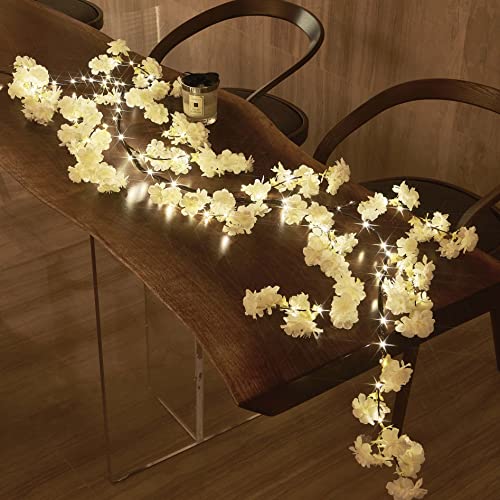 LITBLOOM Cherry Blossom Garland with Lights Battery Operated with Timer 96 Fairy Lights 6FT, Lighted White Flower Garland for Mantle Fireplace Wedding Party Spring Decoration Indoor Outdoor - style: White Cherry