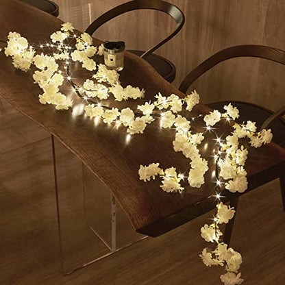LITBLOOM Cherry Blossom Garland with Lights Battery Operated with Timer 96 Fairy Lights 6FT, Lighted White Flower Garland for Mantle Fireplace Wedding Party Spring Decoration Indoor Outdoor - style: White Cherry