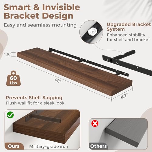 48 Inch Floating Shelves, 9"Deep Wall Shelf, 60 Lbs Capacity, Walnut, 2pcs - color: Walnut, size: 48"Wx9"Dx1.5"H