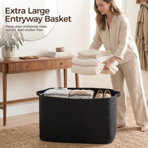 OIASKET 118L Extra Large Blanket Basket, 24.8" x 17.7" x 17.2" Woven Basket - color: Black, size: 24.8"x17.7"x16.2"