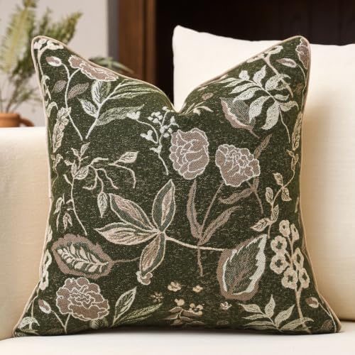 Green Floral Textured Throw Pillow Cover 20x20 Fall Vintage Rust Pillow Cover Farmhouse Summer Leaf Cushion Cover Chenille Neutral Flower Pillowcase Home Decor for Sofa Living Room Bedding - color: Green, size: 20" x 20" (Pack of 1)