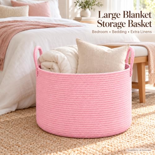 Large Blanket Basket Pink, Round Soft Woven Rope Basket - color: Pink, size: Extra Large
