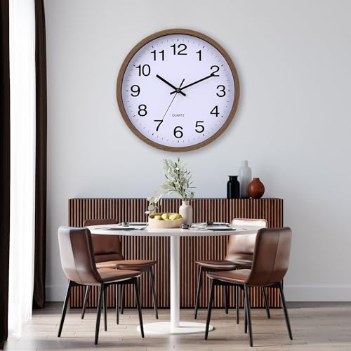 Wall Clock 12 Inch Wooden Frame Glass Cover Non-Ticking Number Quartz Modern Quartz Design Decorative Bedroom Kitchen Office Classroom Dark Brown - color: Dark Brown