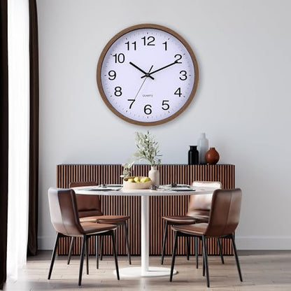 Wall Clock 12 Inch Wooden Frame Glass Cover Non-Ticking Number Quartz Modern Quartz Design Decorative Bedroom Kitchen Office Classroom Dark Brown - color: Dark Brown