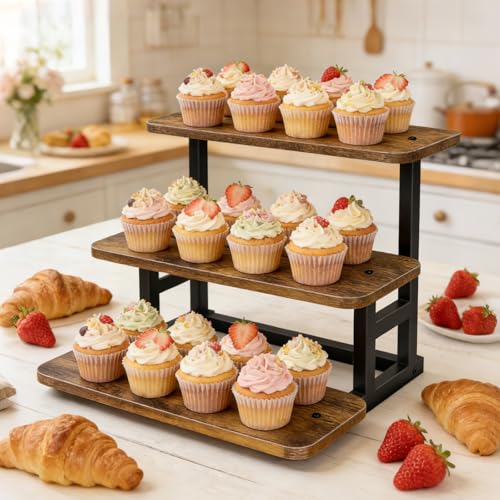 Lilybud--lily 3 Tier Cupcake Stand, Wooden Risers Display Stands Stepped Dessert Table Display Set with Metal Frame Tiered Tray Stand Serving Trays for Party Farmers Market Display - size: 3 Tier - 1 Pack