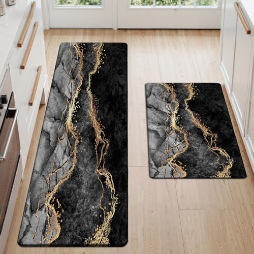 Kitchen Mats Set of 2, Cushioned Anti Fatigue Non Slip Waterproof Runner, Black Marble and Golden Veins Design, PVC Memory Foam for Kitchen Sink and Laundry - color: Black Marble 1