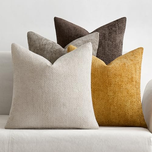 MIULEE Decorative Chenille Fall Pillow Covers Gold Brown 18x18 Pack of 4 - color: Neutral Gold/Brown, size: 18" x 18" (Pack of 4)