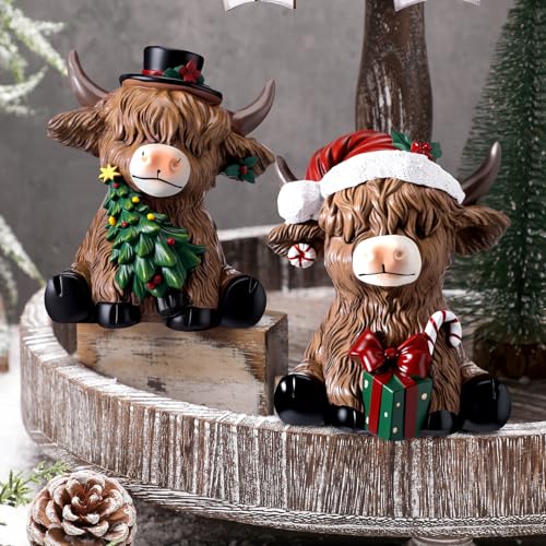 Karenhi 2 Pcs Highland Cow Figurines Resin Christmas Decor for Home Office - style: Christmas