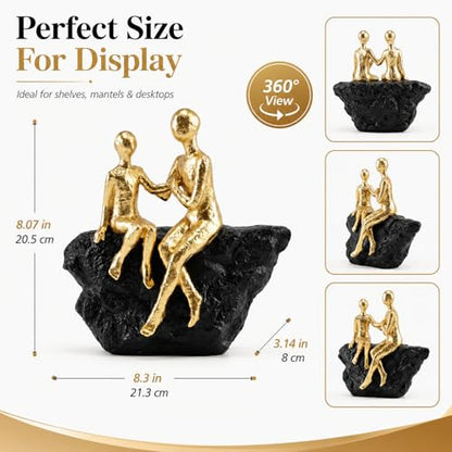 Gold Abstract Couple Sculpture, Romantic Love Statue with Black Base