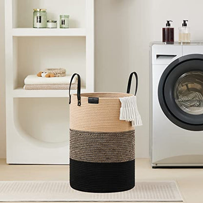 VIPOSCO 72L Tall Woven Rope Laundry Hamper, Leather Handles, Brown & Black - color: Brown & Black, size: 72L