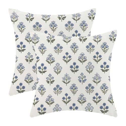 Navy Blue Pillow Covers 18 x 18 Inch Set of 2 Boho Sage Green Floral Spring Summer Outdoor Decor Throw Pillows Vintage Flowers Seasonal Linen Farmhouse Decorative Pillowcases for Couch Bed Sofa - color: Navy Blue Floral Boho, size: 18" x 18" (Pack of 2)