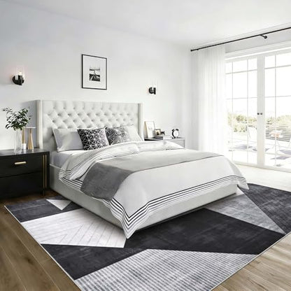 Yinhua Modern Geometric Area Rugs 9x12 Living Room Grey Washable Rugs Non Slip Low Pile, Large Soft Bedroom Rug Non Shedding, Modern Simplicity Carpet for Home Office, Dining Room, Grey Black - color: Grey, size: 9 x 12 ft