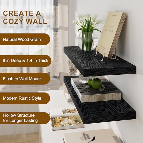 Fun Memories Rustic Black Floating Shelves 24 Inch Long, 8 Inch Deep Floating Shelf, 24 x 8 Wall Shelves Set of 2, Deep Black Bathroom Shelves, 24 Long Floating Bookshelf Wall Mounted - color: Black, size: 24"W x 8"D