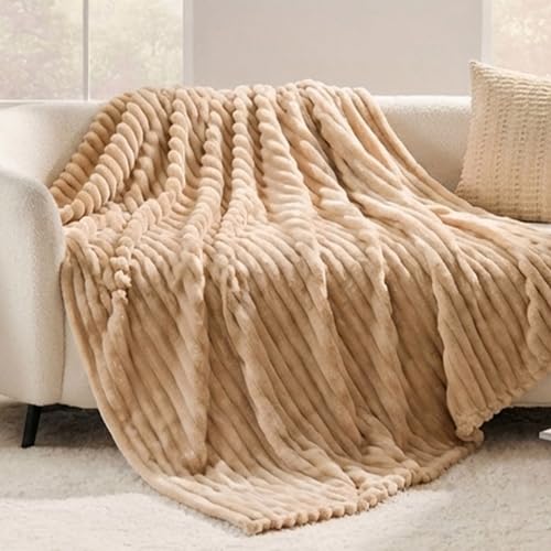 330GSM Ribbed Fleece Throw Blanket for Couch, Light Brown, 50"x60" - color: Light Brown, size: Throw(50"x60")