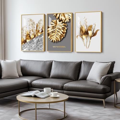 Large Framed Modern Luxury Gold Wall Art for Living Room, 3 Piece 24x36 In - color: Golden Flower Leaves, size: 24" W x 36" H x 3 pieces