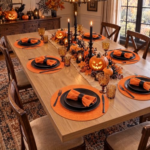 13" Round Placemats Set of 6, Reversible Faux Leather Wipeable Table Mats - color: Orange