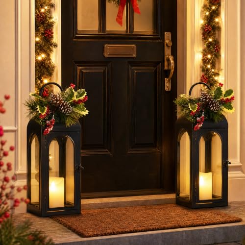 Bdor 16 Inch Black Metal Christmas Lantern with Remote LED Candle and Timer