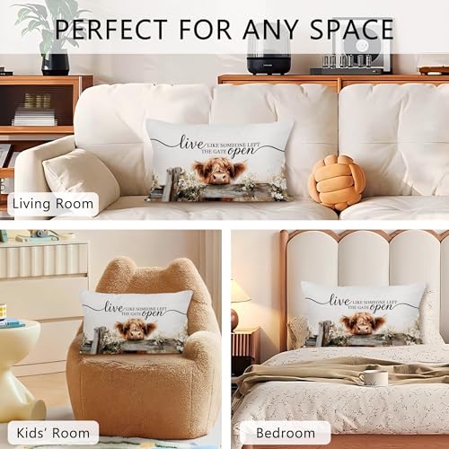 Highland Cow Farmhouse Throw Pillow Covers 12x20, Rustic Cow Decor Decorative Lumbar Pillow Cover Cases, Live Like Someone Left The Gate Open Decor Cushion Cover Pillowcases for Living Room