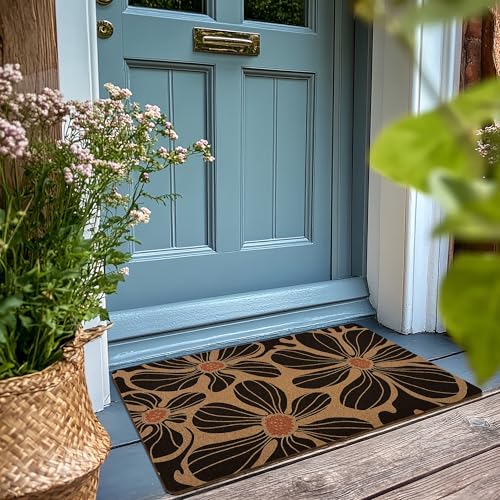 Boho Floral Door Mat, Black Coir Doormat, Flower Welcome Front Door Mat Indoor Outdoor Entrance for Camper, Botanical Rustic Artificial Doormat Rugs for Porch Entry Patio Kitchen 30x17in - color: Floral-1