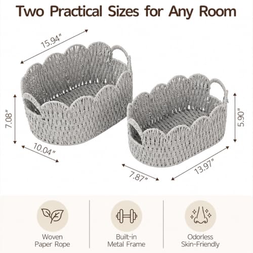 Endymion Set of 2 Paper Rope Scalloped Basket, Wicker Storage Baskets - color: Grey