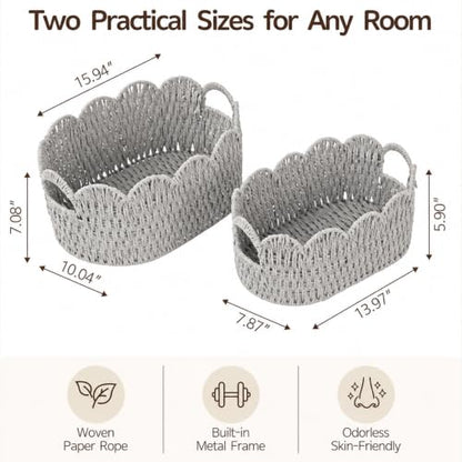Endymion Set of 2 Paper Rope Scalloped Basket, Wicker Storage Baskets - color: Grey