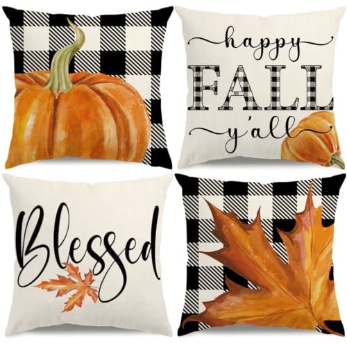 Fall Pillow Covers 18x18 Thanksgiving Farmhouse Decorations Buffalo Plaid Pumpkin Maple Leaf Outdoor Fall Decor Throw Pillow Covers Blessed Autumn Harvest Cushion Case for Sofa Couch Set of 4 - size: 18" x 18" (Pack of 4)