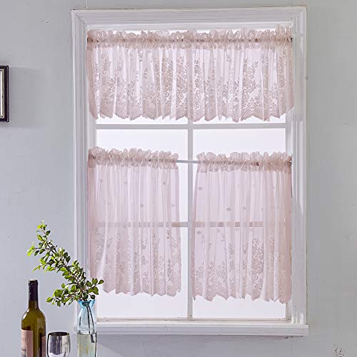 vctops Lace Sheer Kitchen Tier Curtain Set Floral Embroidered Cafe Tiers Rod Pocket Small Half Window Curtains 2 Panels (54" x 24", Pink) - color: Pink, size: 54"W x 24"L (Pack of 2)