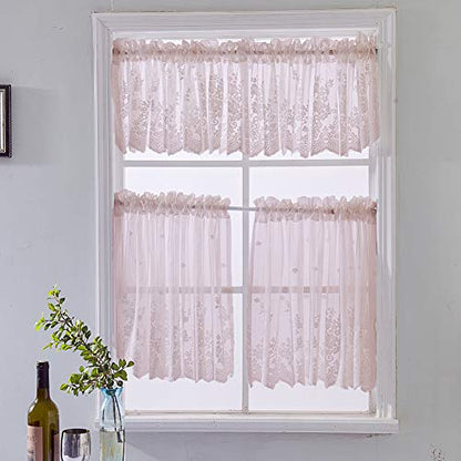 vctops Lace Sheer Kitchen Tier Curtain Set Floral Embroidered Cafe Tiers Rod Pocket Small Half Window Curtains 2 Panels (54" x 24", Pink) - color: Pink, size: 54"W x 24"L (Pack of 2)