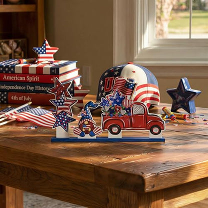 Smile Patriotic Wooden Standing Decor Set, 3-Piece 4th of July Tiered Tray Tabletop Signs with Red Truck, Gnome & Star Stack for Independence Day - style: 4th of July