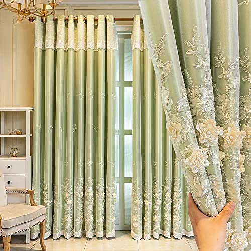 Amidoudou 1 Pair European 3D Flower Luxury Embroidered Curtains Double Layer Curtains with Valance for Living Room Bedroom (Green,52x84 Inch) - color: Green, size: 52"W x 84"L (Pack of 2)