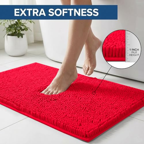 Bathroom Rugs Sets 2 Piece,Super Absorbent Chenille Bath Mats and U-Shaped Toilet Rug,Strong PVC Non Slip Backing,Microfiber Washable Dry Quickly Bath Mats for Bathroom(20"x32"+20"x20"U, Red) - color: Red