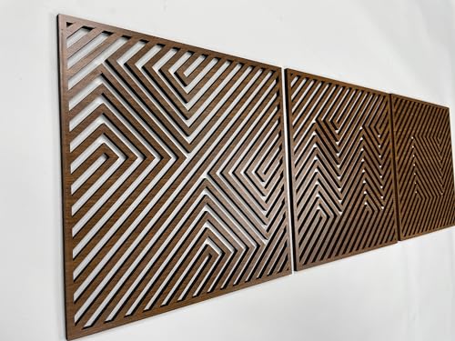 Wood Geometric Wall Art, Large 3D Optical Illusion Wooden Wall Art Modern, Abstract Wood Wall Decor Living Room, 3 Piece Wood Wall Panels