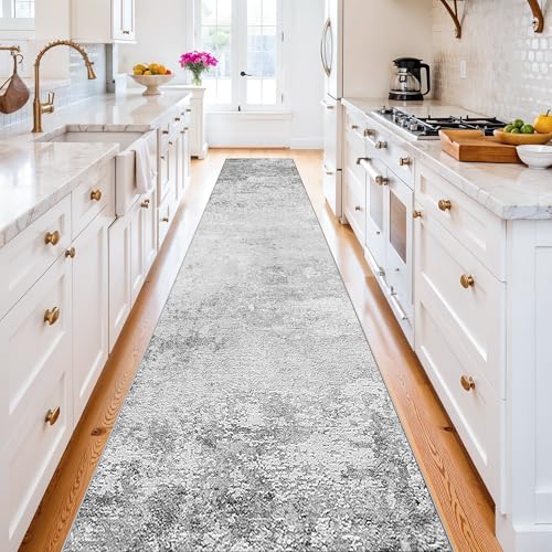 Abstract Washable 2x10 Runner Rug: Non Slip Rugs for Kitchen Neutral Grey - color: Grey, size: 2' x 10' (Runner)