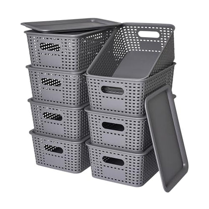 Ohmlove 8 Pack Plastic Storage Baskets with Lids for Organization - color: Gray
